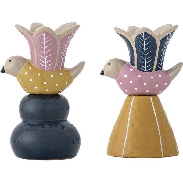 Bloomingville Kerzenhalter Swift, Handbemalt, 2er-Set, Vogelmotiv, Blütenform, Unikat-Optik