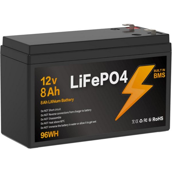 Blossom Akku 12V 8Ah Lithium-Eisenphosphat Akku mit Smart BMS IP67 LiFePO4 Batterie, wasserdicht Lithium Akku 96Wh 3000+ Ladezyklen für Solaranlage Camping