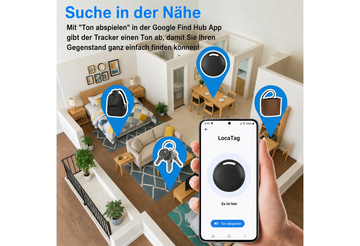 Blossom Android Smart Tag 4er Pack mit Google Find Hub Key Finder, GPS Tracker Bluetooth-Tracker (Weltweit Wasserdicht Bluetooth Key Finder, Tasche/Koffer/Brief – Bild 4 von 5