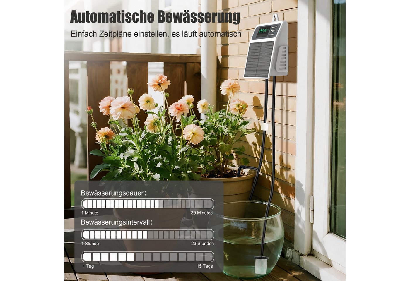 Blossom Bewässerungssystem Solar Bewässerungssystem Tropfbewässerung Set Automatisch, Akku, USB-C, (Bewässerungscomputer, 10 Tropfern, 10 m Schlauch, 30 Bewässe – Bild 2 von 5