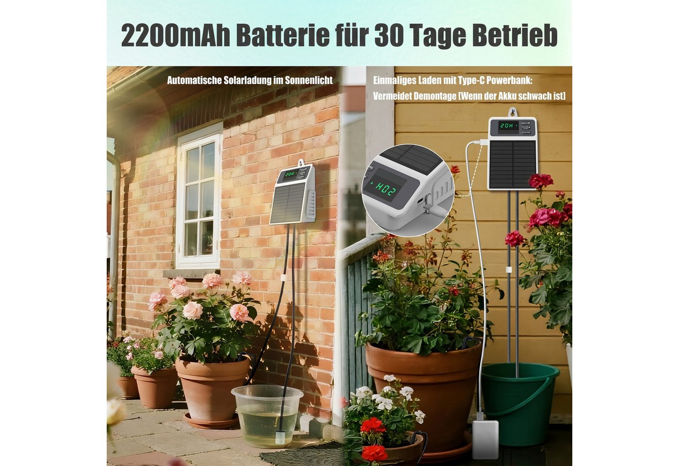 Blossom Bewässerungssystem Solar Bewässerungssystem Tropfbewässerung Set Automatisch, Akku, USB-C, (Bewässerungscomputer, 10 Tropfern, 10 m Schlauch, 30 Bewässe – Bild 5 von 5