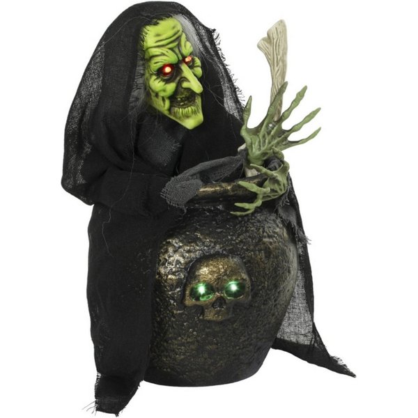 Blossom LED Dekoobjekt Animierte Halloween-Hexe mit Kessel, Rührbewegung LED, Soundeffekten, Touch- und Geräuschaktivierung, kabellos, 47 cm, Tischdekoration