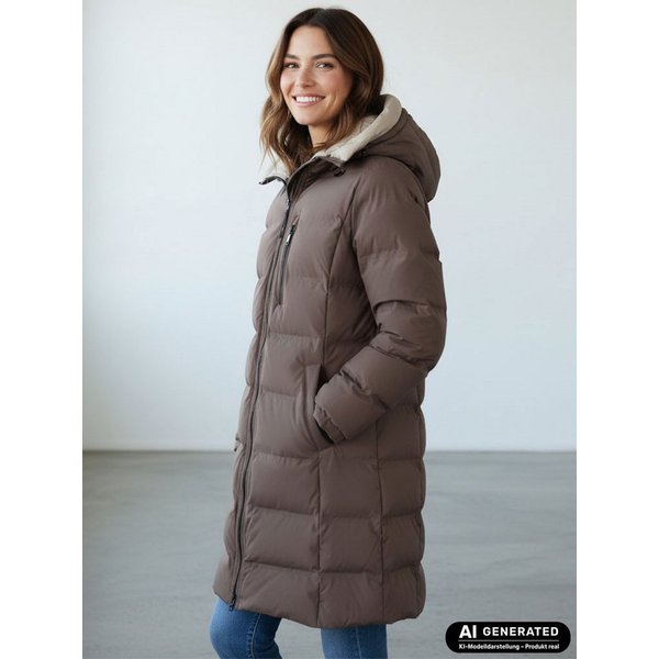 BLUE FLAME Steppmantel 60342 Damen Steppjacke Lang mit Kapuze und Chintzfutter