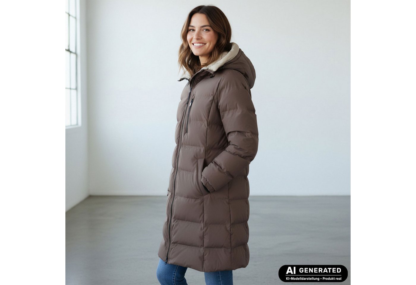 BLUE FLAME Steppmantel 60342 Damen Steppjacke Lang mit Kapuze und Chintzfutter – Bild 4 von 4