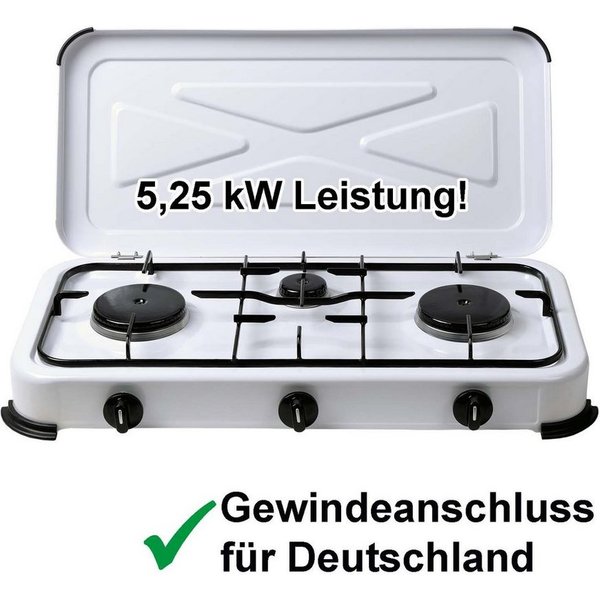 BlueCraft Gaskocher 3 flammig 50mbar Propan Gas Campingkocher 5,25 kW Gas-Kochfeld Gasherd, Camping Gas Kocher 3 flammen für Gasflasche