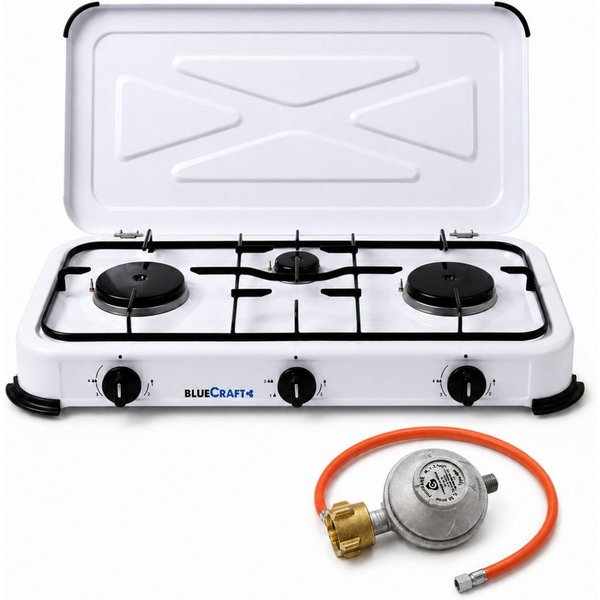 BlueCraft Gaskocher 3 flammig mit Zündsicherung 50mbar Propan Gas Campingkocher 5,25 kW, (mit Schlauch 100 cm und Gas Regler Druckminderer), Camping Gas Kocher 