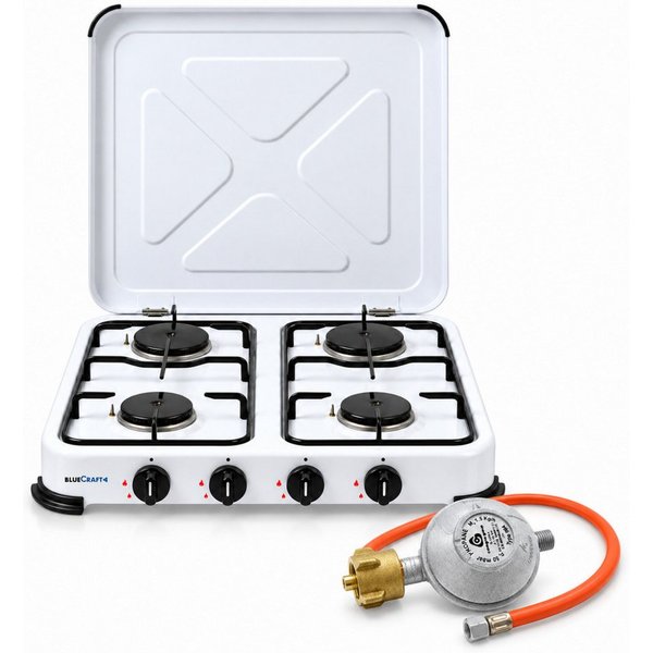 BlueCraft Gaskocher 4 flammig mit Zündsicherung 50mbar Propan Gas Campingkocher 5,8 kW, (mit Schlauch 100 cm und Gas Regler Druckminderer), Camping Gas Kocher 4