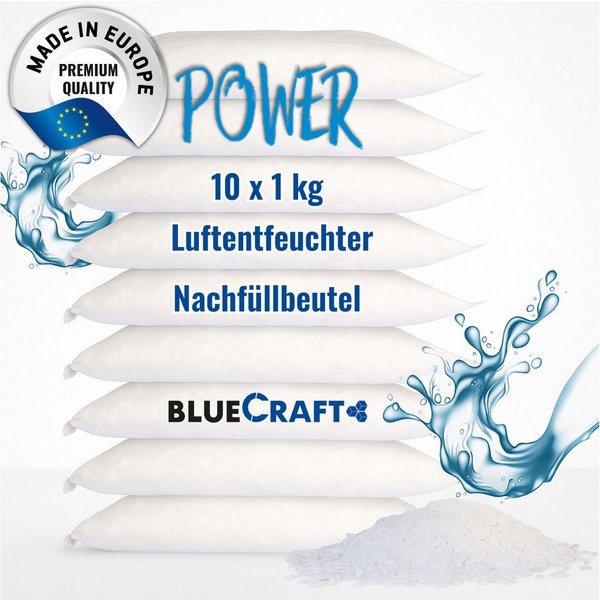 BlueCraft Luftentfeuchter-Nachfüllpack 10x 1kg Raum Entfeuchter Granulat im Vliesbeutel ohne Strom Nachfüller, Schlafzimmer Wohnung Nachfüllbeutel Feuchtigkeits