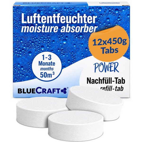 BlueCraft Luftentfeuchter Tabs Nachfüllpack 12x 450g Granulat ohne Strom gegen Schimmel, für Raumentfeuchter ab 400g ohne Duft Nachfüllpackung
