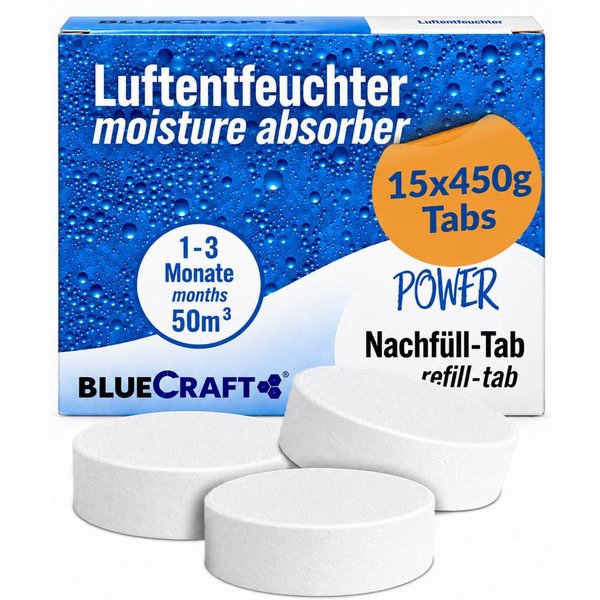 BlueCraft Luftentfeuchter Tabs Nachfüllpack 15x 450g Granulat ohne Strom gegen Schimmel, für Raumentfeuchter ab 400g ohne Duft Nachfüllpackung