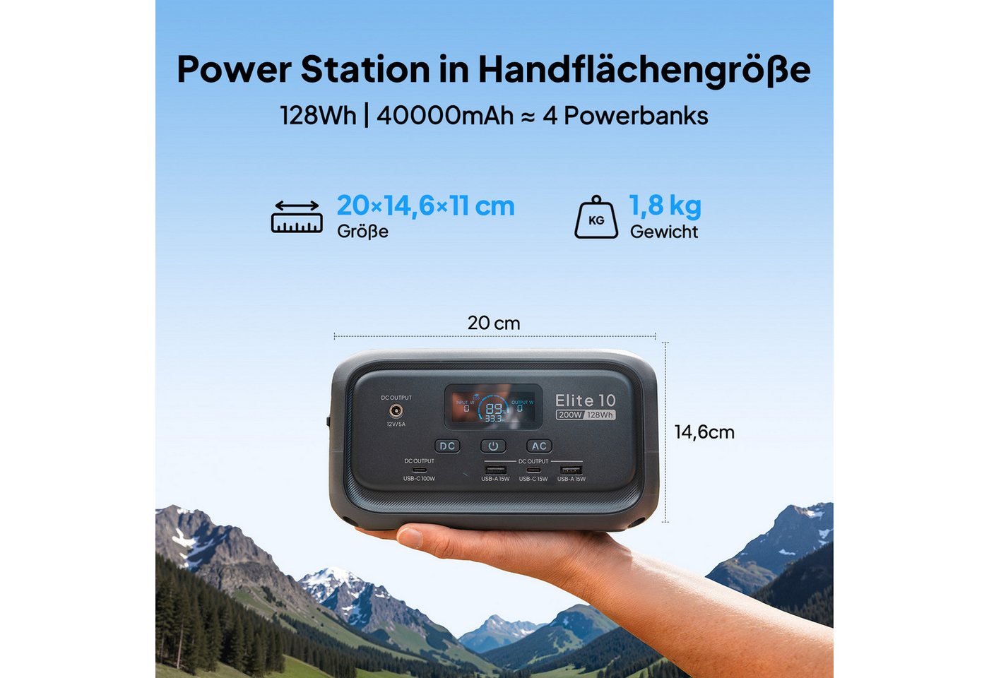 BLUETTI Stromerzeuger Elite 10 Solargenerator 200W / 128Wh Mini-Tragbare Powerstation, 0,2 in kW, (LiFePO4 Batterie mit 200W AC Steckdose, 10ms UPS Backup), Sch – Bild 3 von 5
