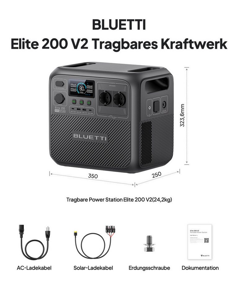 BLUETTI Stromerzeuger Elite 200 V2 2600W/ 2073,6Wh Tragbare PowerStation (2025 Neu), 2,6 in kW, (LiFePO4 Batterie-Backup mit 2 AC Ausgängen (3900W Power Lifting – Bild 2 von 5