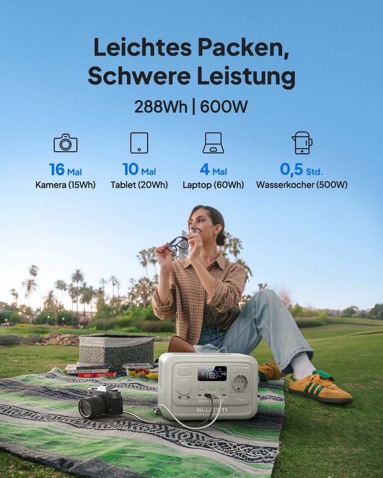 BLUETTI Stromerzeuger Elite 30 V2 Solargenerator 600W / 288Wh Tragbarer Powerstation, 0,6 in kW, (288 Wh LFP Batterie 6 AC Ausgang (Power Lifting 1500W), 0-100% – Bild 2 von 5