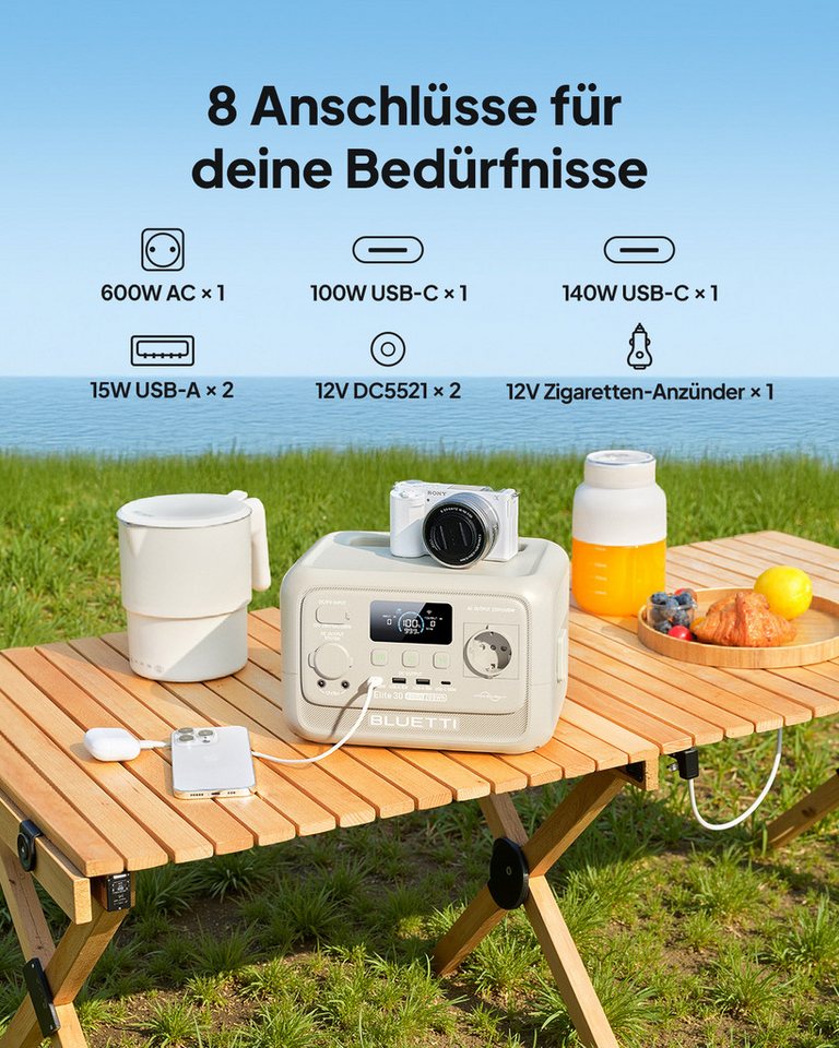 BLUETTI Stromerzeuger Elite 30 V2 Solargenerator 600W / 288Wh Tragbarer Powerstation, 0,6 in kW, (288 Wh LFP Batterie 6 AC Ausgang (Power Lifting 1500W), 0-100% – Bild 4 von 5