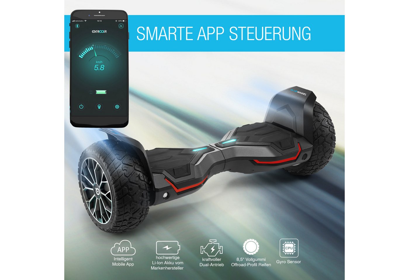 Bluewheel Electromobility Balance Scooter HX510, 15 km/h, 8.5" Vollgummireifen, LED-Scheinwerfer – Bild 2 von 5