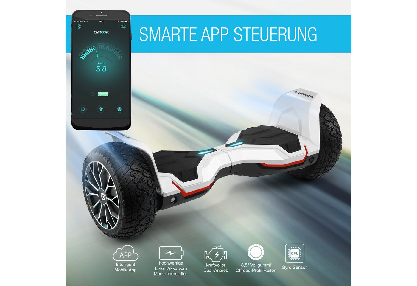 Bluewheel Electromobility Balance Scooter HX510, 15 km/h, 8.5" Vollgummireifen, LED-Scheinwerfer – Bild 2 von 5