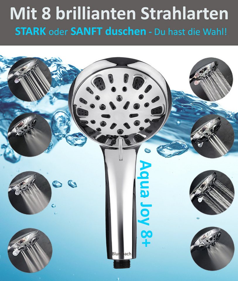 Blumbach Handbrause - Duschkopf Aqua Joy, (wassersparender Hochdruck Duschkopf), mit 8 außergewöhnlichen Strahlarten – Bild 2 von 5