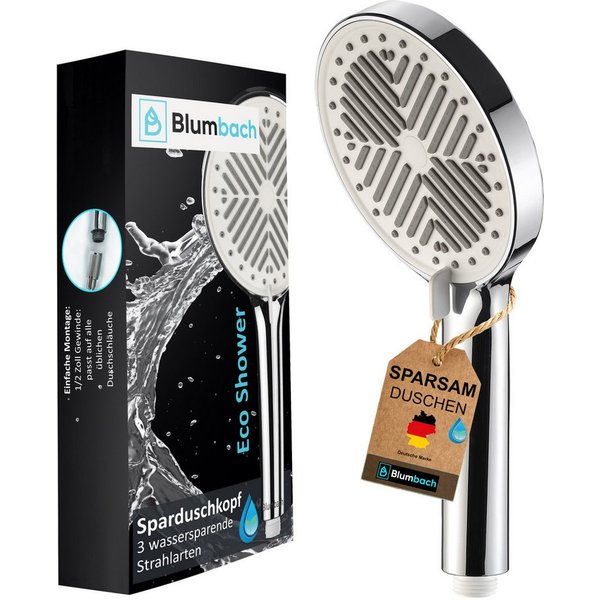 Blumbach Handbrause - Duschkopf Eco Shower, (3 Strahlarten, sehr wassersparend - Wasserverbrauch nur 6 - 9 Liter/min), mit Antikalk Noppen - leicht zu Montieren