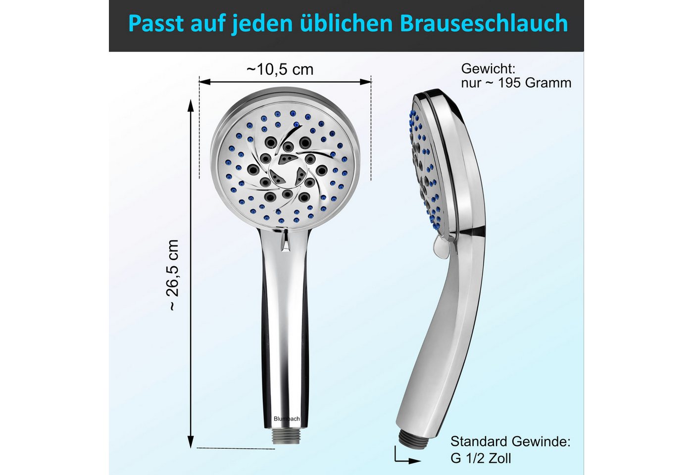 Blumbach Handbrause - Duschkopf Energy Rain, (Hochdruck Duschkopf wassersparend + druckerhöhend), mit 9 außergewöhnlichen Strahlarten – Bild 5 von 5