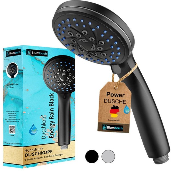 Blumbach Handbrause - Duschkopf Energy Rain, (Hochdruck Duschkopf wassersparend + druckerhöhend), mit 9 außergewöhnlichen Strahlarten