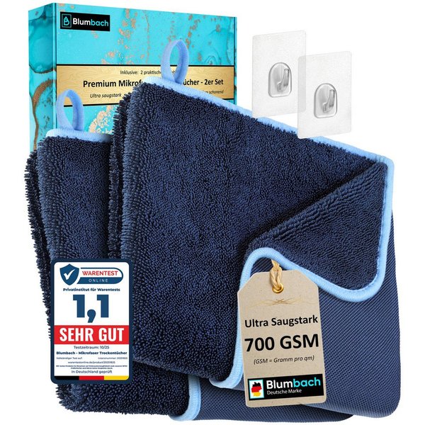 Blumbach Trockentuch Dusche & Auto 700 GSM, Mikrofasertuch (40x60 cm, 2er oder 3er Set inkl. 2 Klebehaken, 2-tlg., Microfaser Trockentuch Auto, Inkl. 2 Klebehak