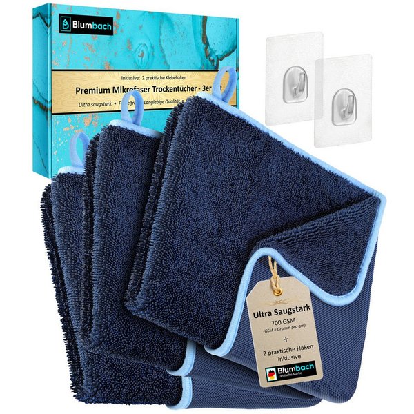 Blumbach Trockentuch Dusche & Auto 700 GSM, Mikrofasertuch (40x40 cm, 2er oder 3er Set inkl. 2 Klebehaken, 3-tlg., Microfaser Trockentuch Auto, Inkl. 2 Klebehak