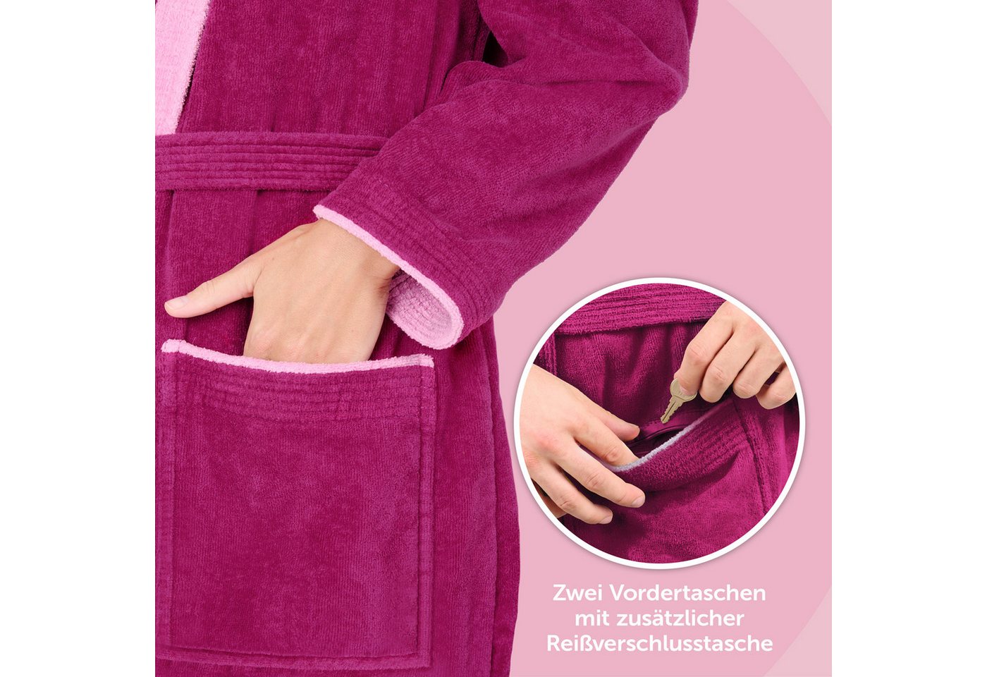 Blumtal Bademantel Damen, mit gefütterter Kapuze, Baumwolle, und samtigen Frottee-Velours, Oeko-TEX® Zertifiziert – Bild 3 von 5