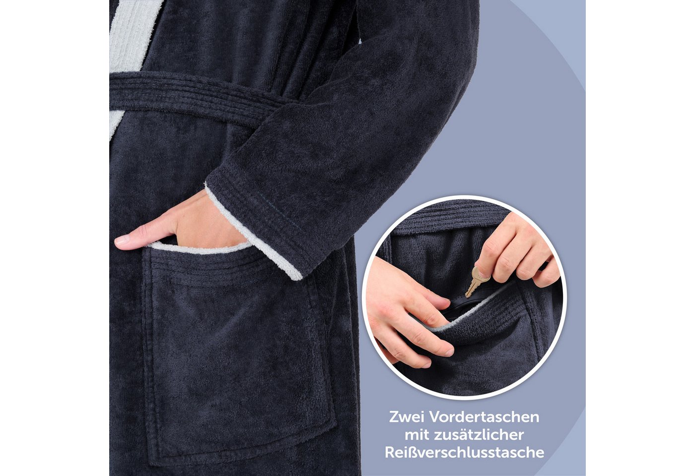 Blumtal Bademantel Damen, mit gefütterter Kapuze, Baumwolle, und samtigen Frottee-Velours, Oeko-TEX® Zertifiziert – Bild 3 von 5