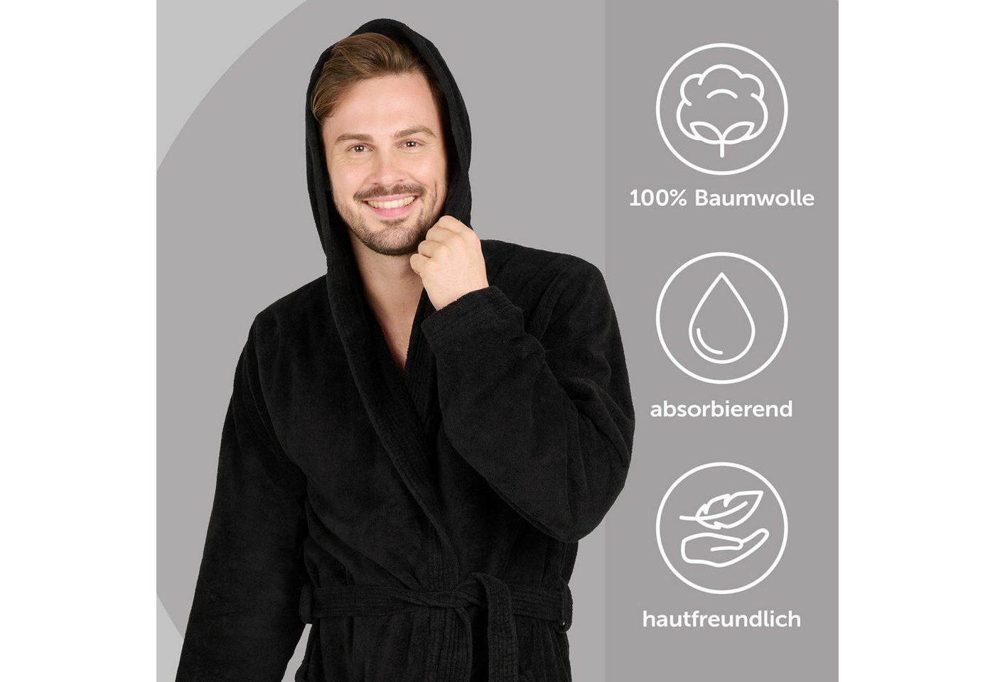Blumtal Bademantel Herren, Baumwolle, mit gefütterter Kapuze, mit samtigen Frottee-Velours, Oeko-TEX® Zertifiziert – Bild 2 von 5