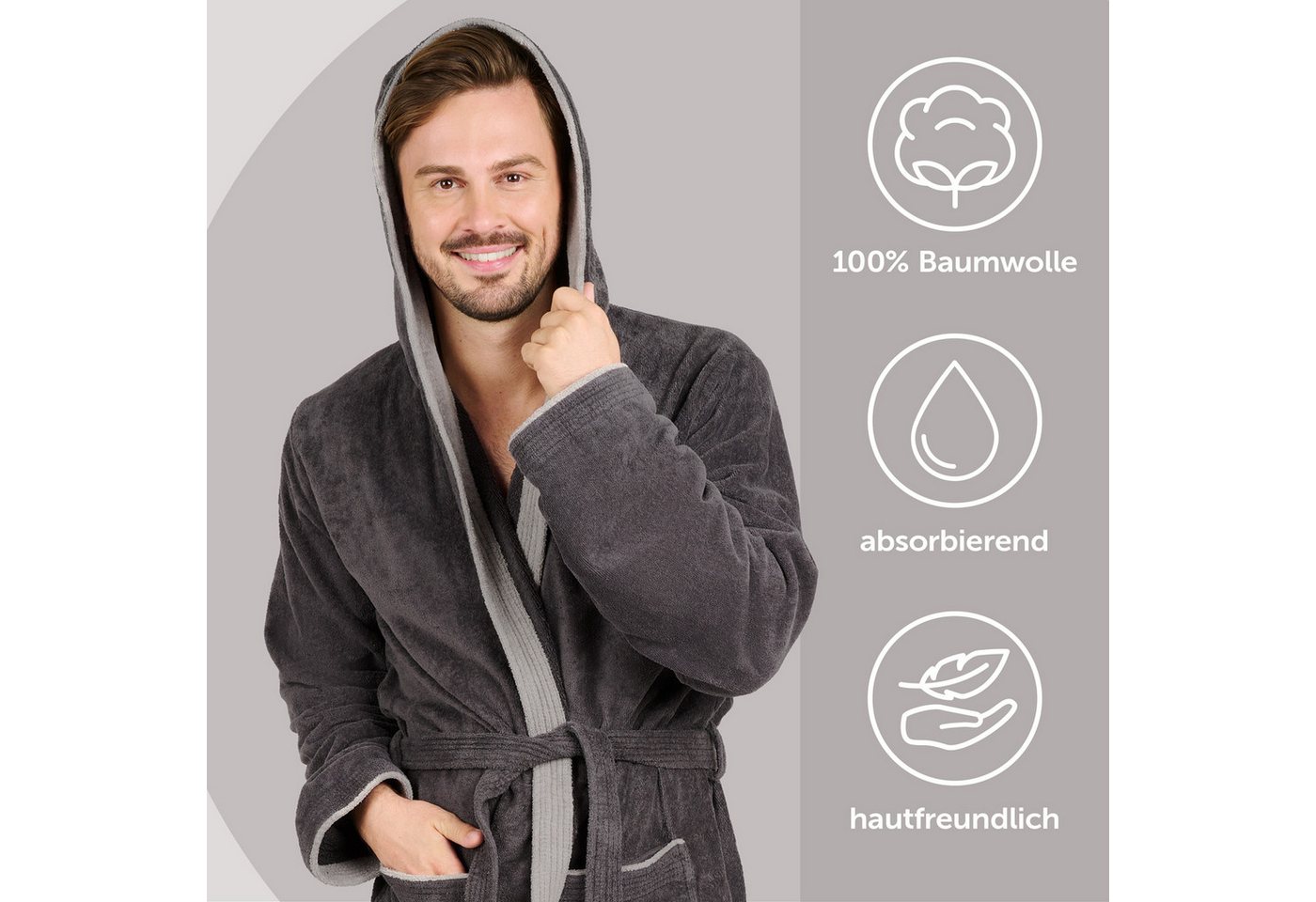 Blumtal Bademantel Herren, Baumwolle, mit gefütterter Kapuze, mit samtigen Frottee-Velours, Oeko-TEX® Zertifiziert – Bild 2 von 5