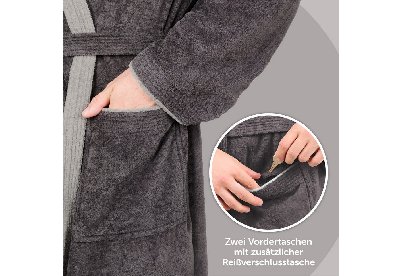 Blumtal Bademantel Herren, Baumwolle, mit gefütterter Kapuze, mit samtigen Frottee-Velours, Oeko-TEX® Zertifiziert – Bild 3 von 5