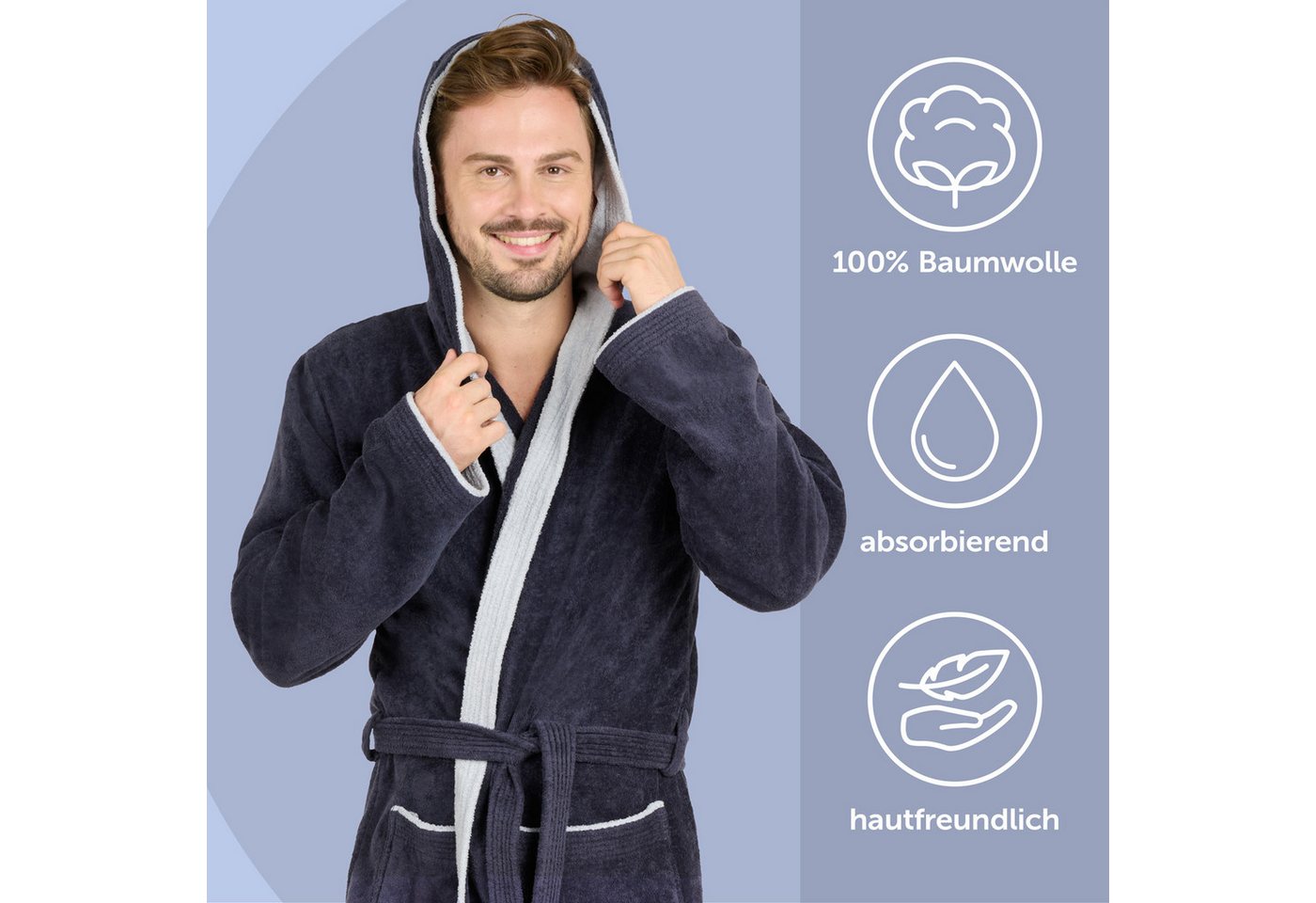 Blumtal Bademantel Herren, Baumwolle, mit gefütterter Kapuze, mit samtigen Frottee-Velours, Oeko-TEX® Zertifiziert – Bild 2 von 5