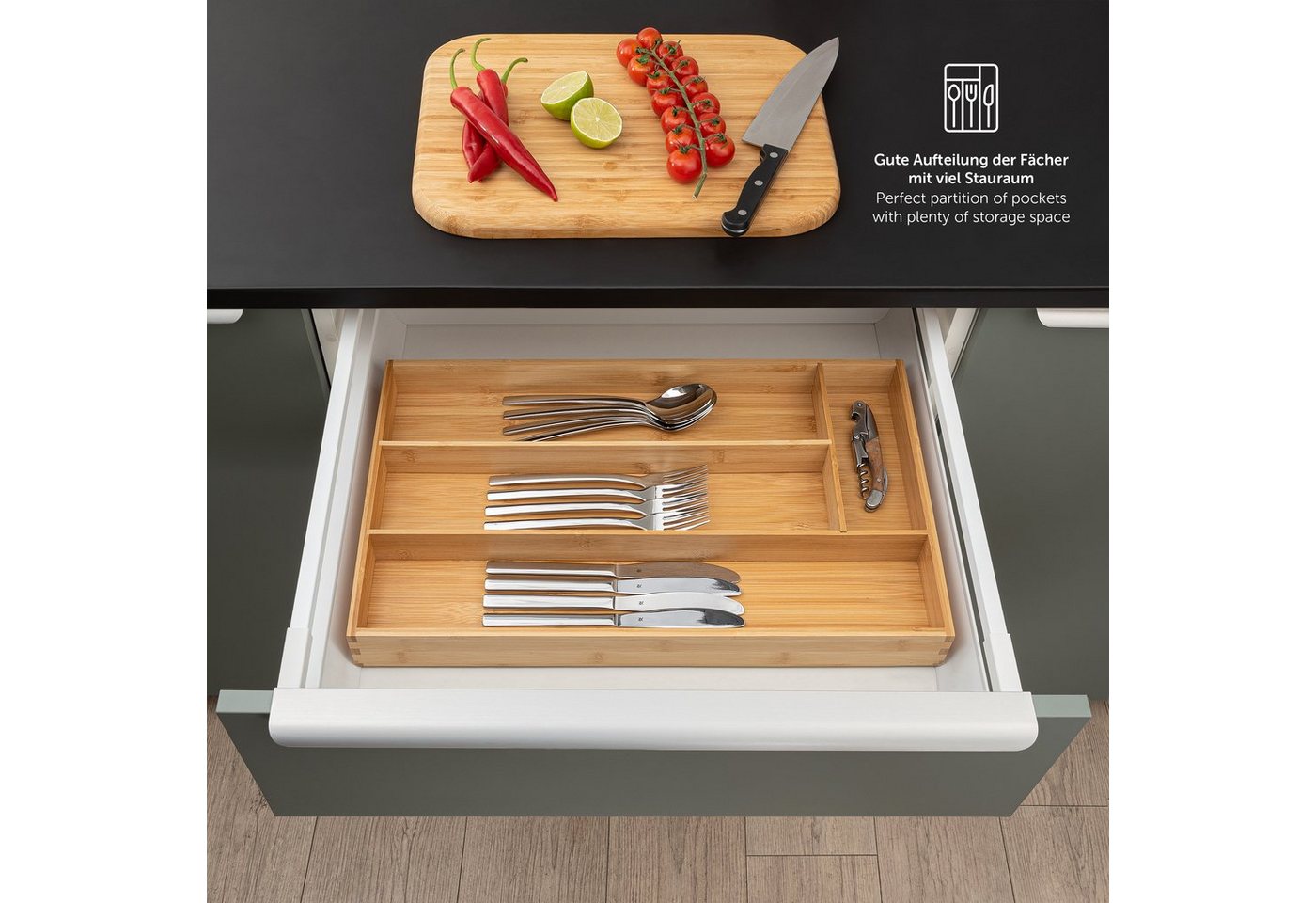 Blumtal Besteckkasten Einlagen, aus Bambus (mit 4 oder 5 Fächern als Organizer für Besteck und Haushaltsartikel), leicht abwischbar, passend für IKEA Maximera – Bild 3 von 5