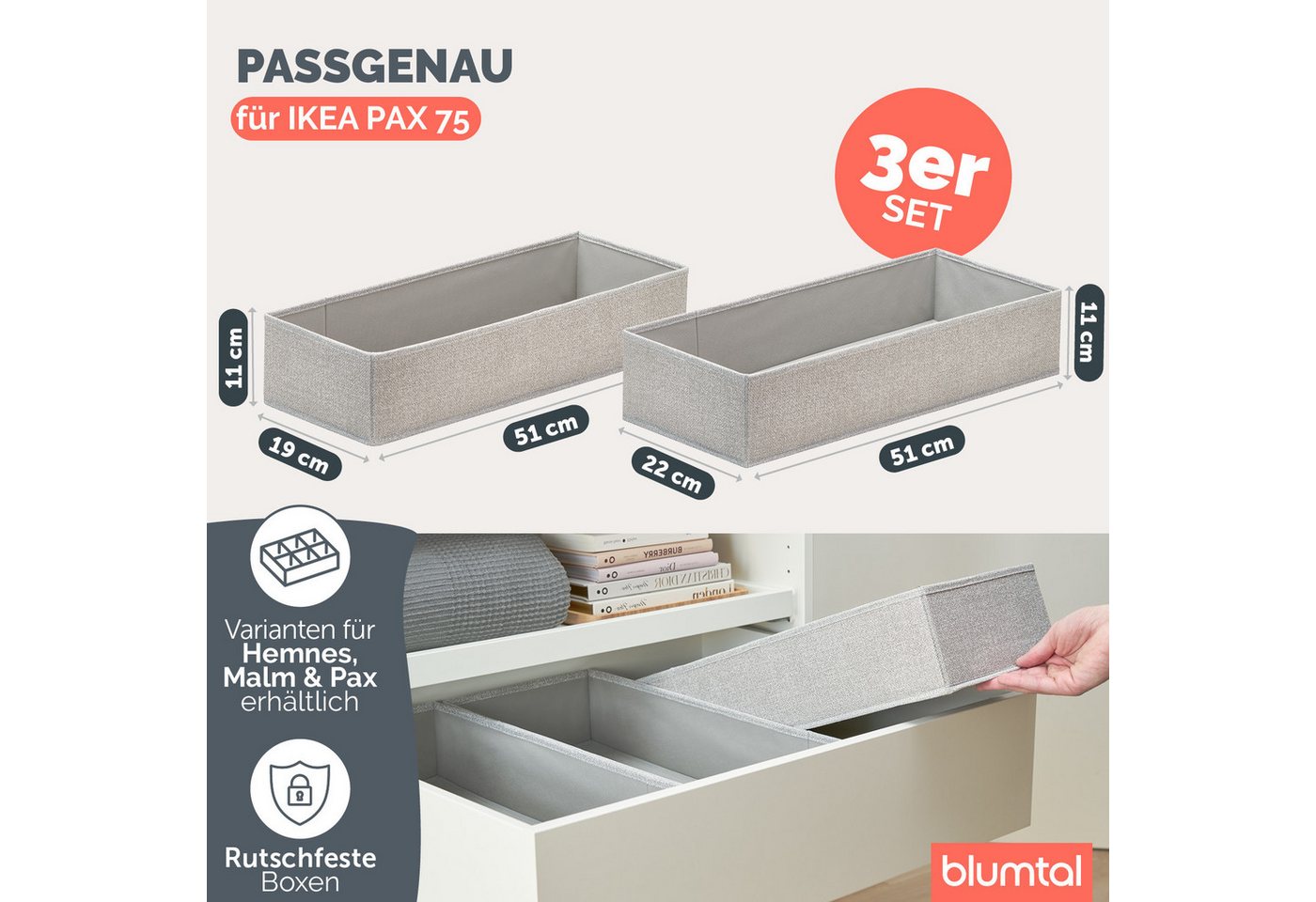Blumtal Faltbox Kompatibel HEMNES, MALM, PAX Organizer Ordnungssystem Kleiderschrank (3 St), Faltboxen für BHs, T-Shirts - Boxen für Schrank – Bild 2 von 5