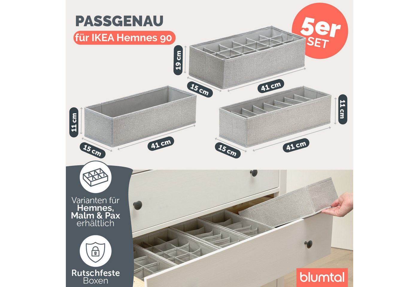 Blumtal Faltbox Kompatibel HEMNES, MALM, PAX Organizer Ordnungssystem Kleiderschrank (5 St), Faltboxen für BHs, T-Shirts - Boxen für Schrank – Bild 2 von 5