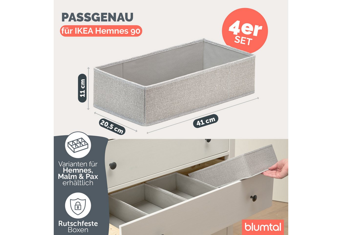 Blumtal Faltbox Kompatibel HEMNES, MALM, PAX Organizer Ordnungssystem Kleiderschrank (4 St), Faltboxen für BHs, T-Shirts - Boxen für Schrank – Bild 2 von 5