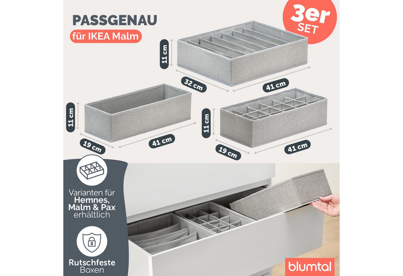 Blumtal Faltbox Kompatibel HEMNES, MALM, PAX Organizer Ordnungssystem Kleiderschrank (3 St), Faltboxen für BHs, T-Shirts - Boxen für Schrank – Bild 2 von 5