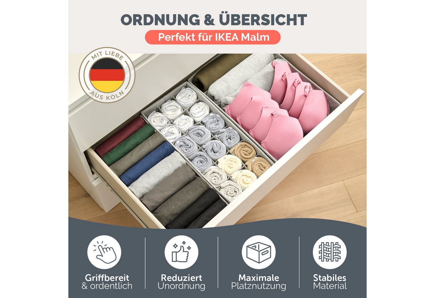 Blumtal Faltbox Kompatibel HEMNES, MALM, PAX Organizer Ordnungssystem Kleiderschrank (3 St), Faltboxen für BHs, T-Shirts - Boxen für Schrank – Bild 3 von 5