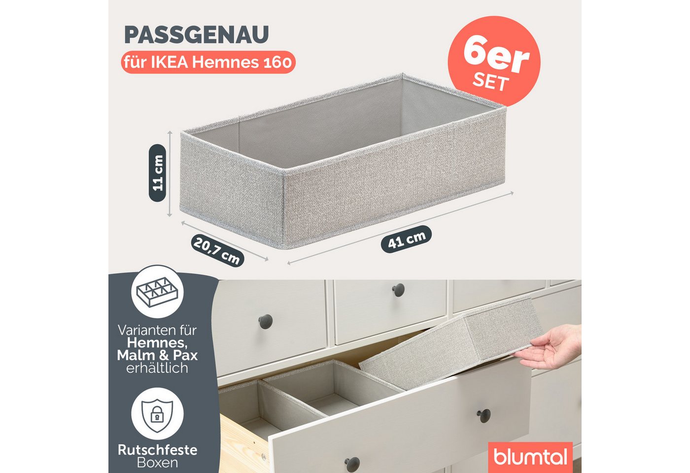 Blumtal Faltbox Kompatibel HEMNES, MALM, PAX Organizer Ordnungssystem Kleiderschrank (6 St), Faltboxen für BHs, T-Shirts - Boxen für Schrank – Bild 2 von 5