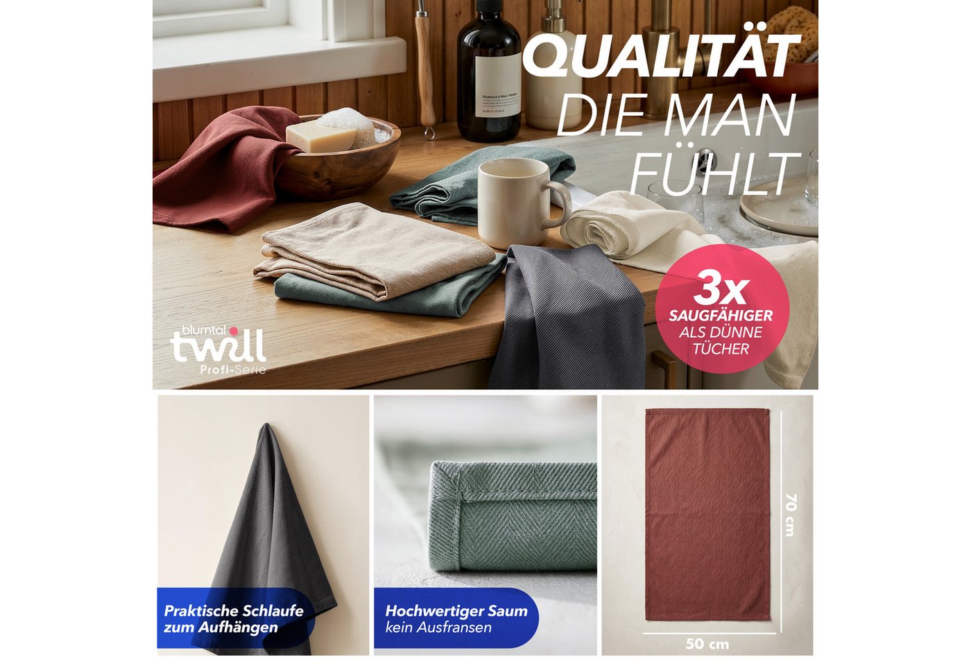 Blumtal Geschirrtuch 5er Set Premium Geschirrtücher Baumwolle 50x70 cm, (5-tlg), Ultra saugstarke zertifizierte Geschirrhandtücher (230gsm) – Bild 3 von 5