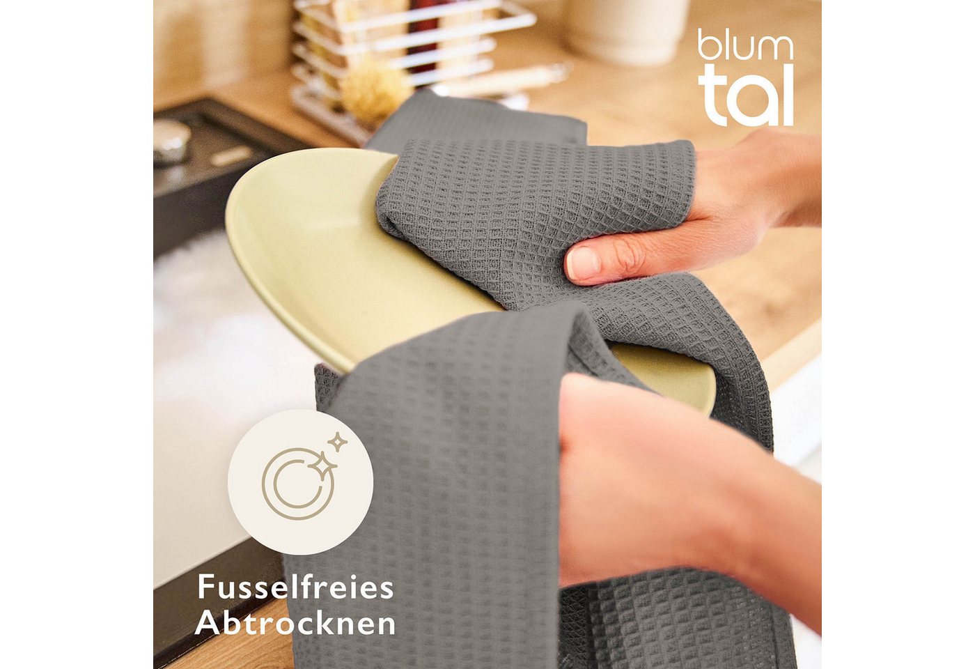 Blumtal Geschirrtuch Set 50x70 oder 30x30 cm, 100% Baumwolle, (4-tlg), Saugfähig, schnell trocknend, waschbar, 100% Baumwolle – Bild 5 von 5