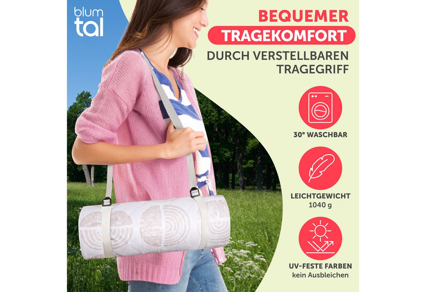 Picknickdecke Premium Picknickdecke wasserabweisend - Boho & TERRAZZO Design, Blumtal, 200x200 cm, waschbare Stranddecke sandfrei + weiche Zwischenfüllung – Bild 2 von 5