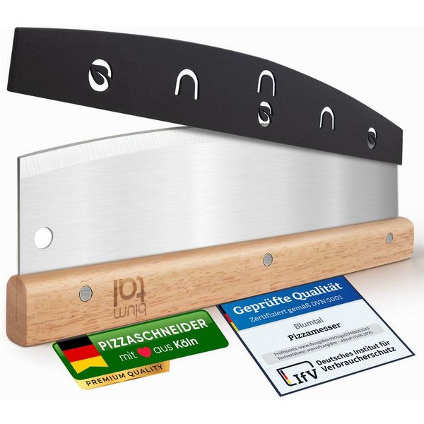 Blumtal Pizzaschneider Premium Wiegemesser, 32cm Edelstahlklinge, 1,2mm Klingenstärke, Ergonomischer Holzgriff
