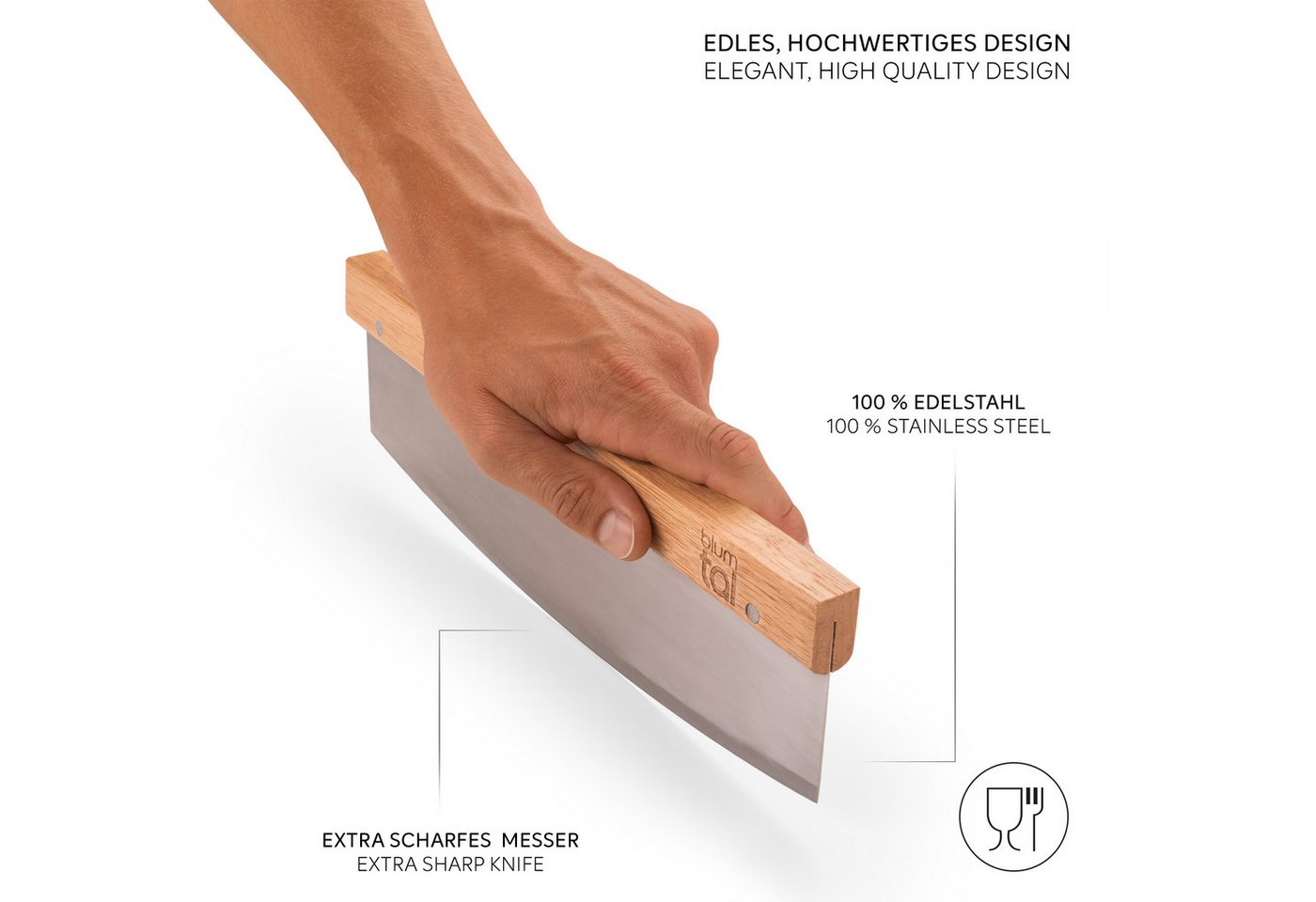 Blumtal Pizzaschneider Premium Wiegemesser, 32cm Edelstahlklinge, 1,2mm Klingenstärke, Ergonomischer Holzgriff – Bild 2 von 5
