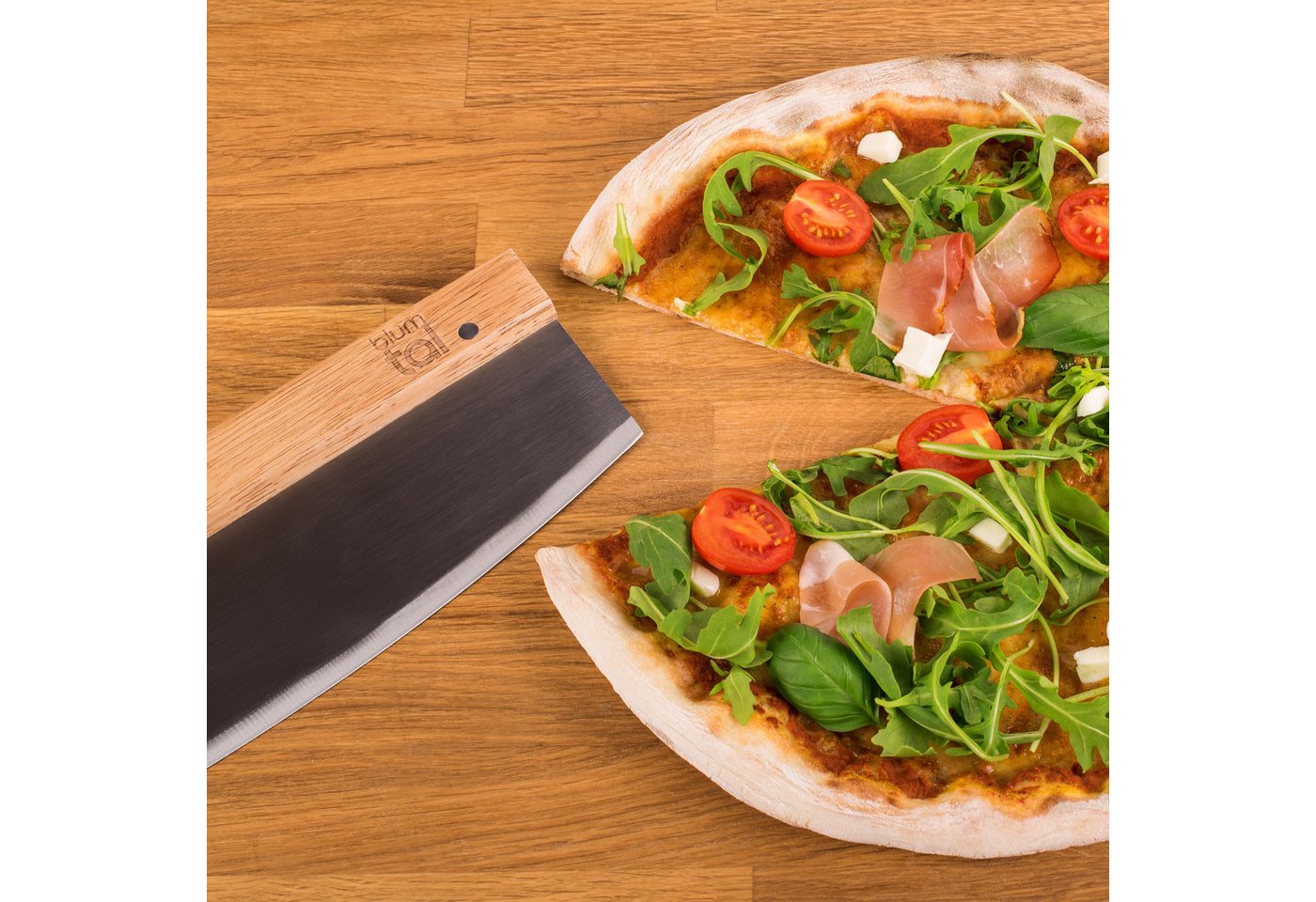 Blumtal Pizzaschneider Premium Wiegemesser, 32cm Edelstahlklinge, 1,2mm Klingenstärke, Ergonomischer Holzgriff – Bild 4 von 5