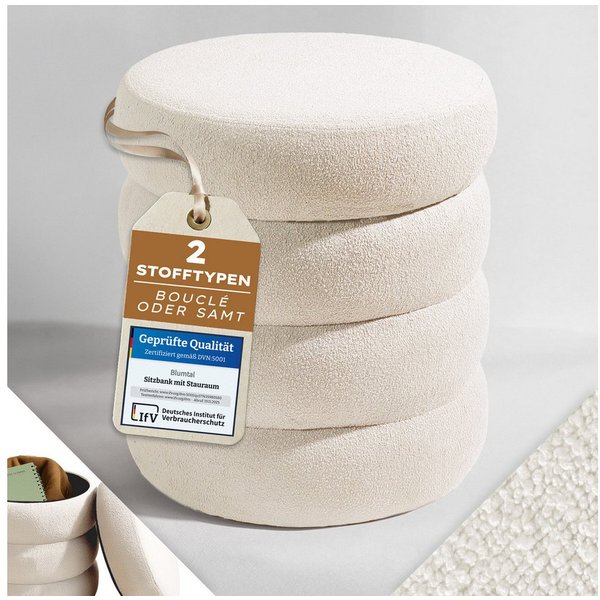 Blumtal Sitzhocker Hocker mit Stauraum mit Bouclé oder Velvet-Bezug, robuste Sitztruhe mit Stauraum und extrem Dickes MDF