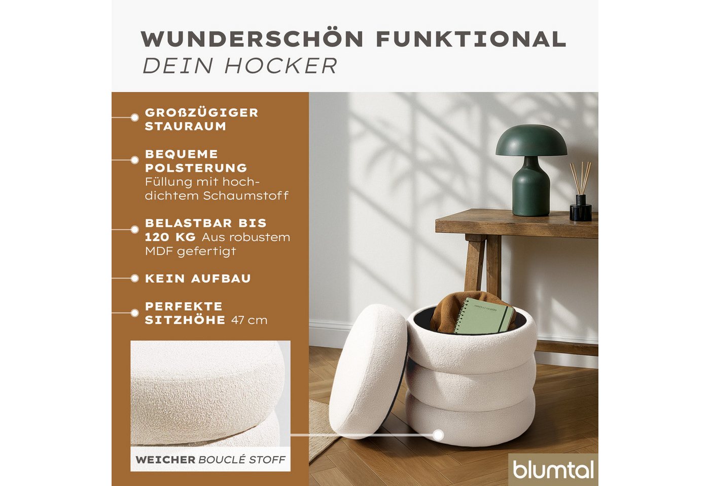 Blumtal Sitzhocker Hocker mit Stauraum mit Bouclé oder Velvet-Bezug, robuste Sitztruhe mit Stauraum und extrem Dickes MDF – Bild 2 von 5