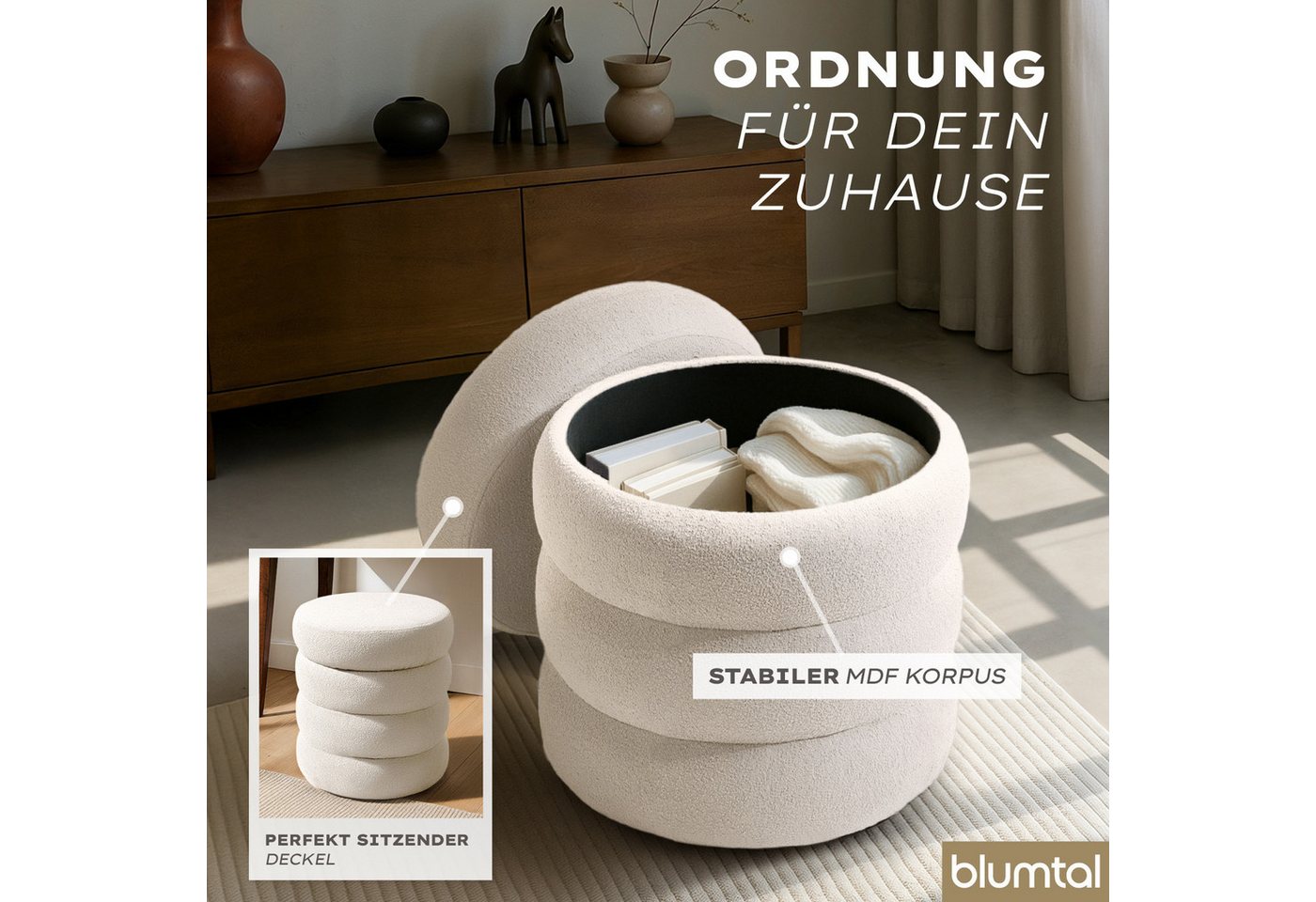 Blumtal Sitzhocker Hocker mit Stauraum mit Bouclé oder Velvet-Bezug, robuste Sitztruhe mit Stauraum und extrem Dickes MDF – Bild 5 von 5
