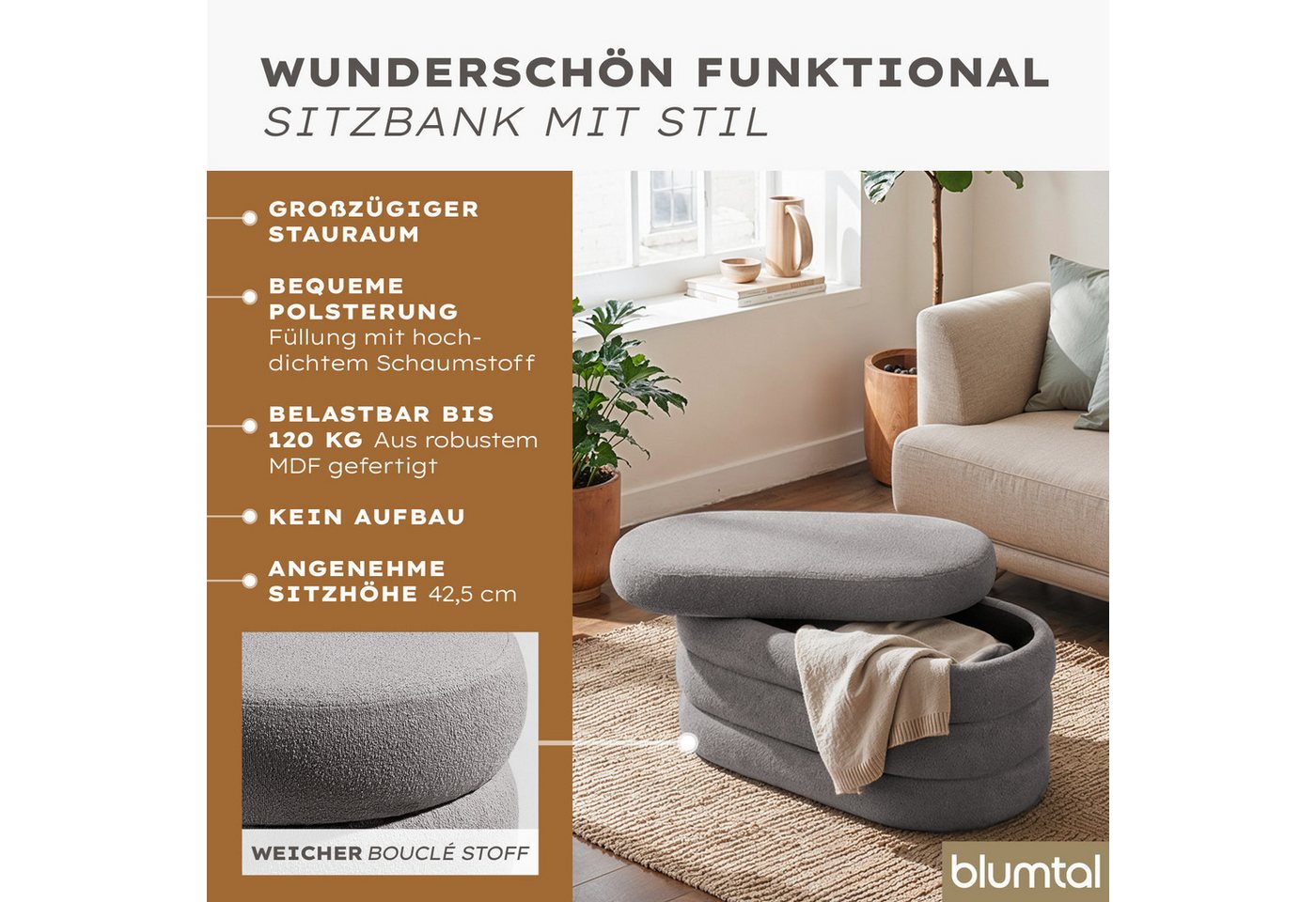 Blumtal Sitzhocker Hocker mit Stauraum mit Bouclé oder Velvet-Bezug, robuste Sitztruhe mit Stauraum und extrem Dickes MDF – Bild 2 von 5