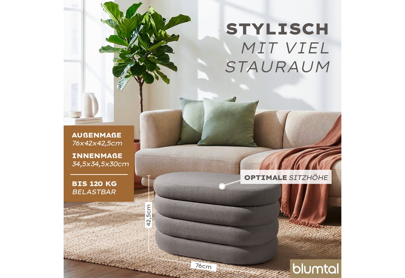 Blumtal Sitzhocker Hocker mit Stauraum mit Bouclé oder Velvet-Bezug, robuste Sitztruhe mit Stauraum und extrem Dickes MDF – Bild 3 von 5
